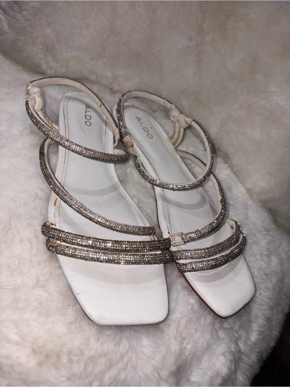 Aldo White Strappy Sandals with Sparkling Silver Embellishments